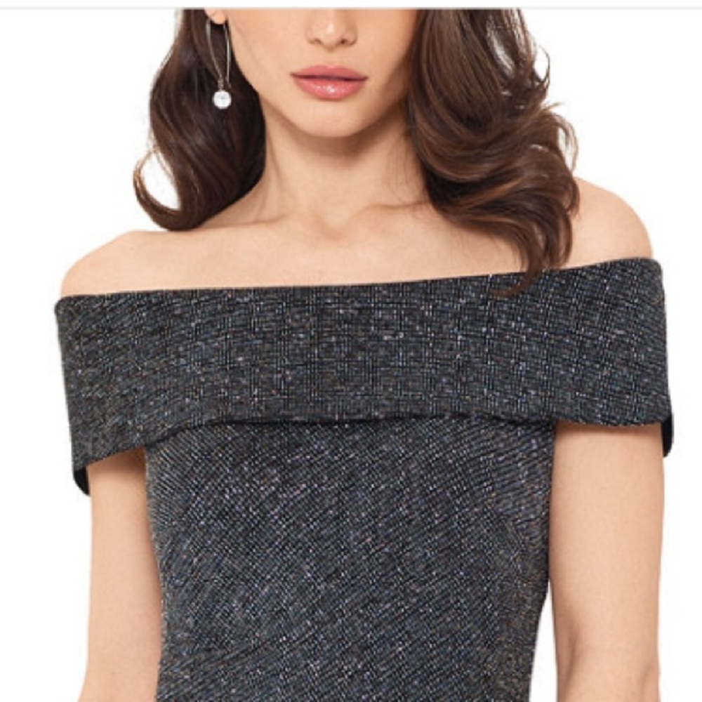 Xscape off-the-shoulder metallic gown in black/gunmetal size 10. - Picture 3 of 11